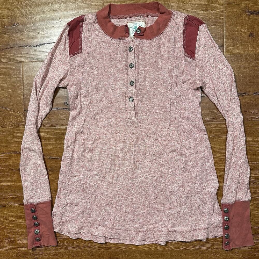 Vintage Free People Henley Shirt Women M Pink Long Sleeve Western Rodeo VTG BOHO